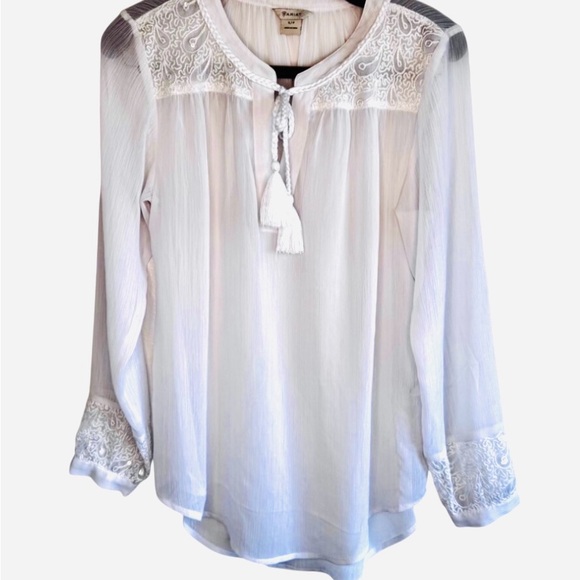 Ariat Tops - Ariat White Sheer Lace with Braided Tie at V-Neck Lace Detail SZ S